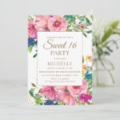 Pink Yellow Floral Gold Glitter Sweet 16 Kaart (Staand voorkant)