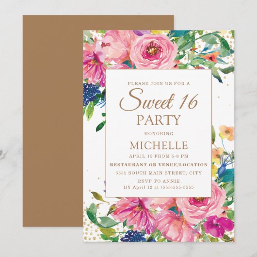 Pink Yellow Floral Gold Glitter Sweet 16 Kaart (Voorkant / Achterkant)