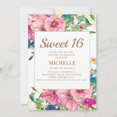 Pink Yellow Floral Gold Glitter Sweet 16 Kaart (Voorkant)