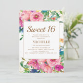Pink Yellow Floral Gold Glitter Sweet 16 Kaart (Staand voorkant)