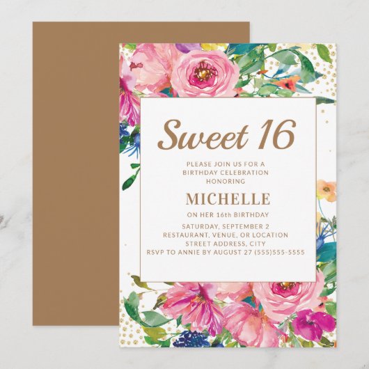 Pink Yellow Floral Gold Glitter Sweet 16 Kaart (Voorkant / Achterkant)