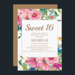 Pink Yellow Floral Gold Glitter Sweet 16 Kaart<br><div class="desc">Elegant Sweet 16 verjaardagsfeestuitnodiging voor meisjes met roze, blauw en geel waterverf bloemen en gouden glitter. Neem contact op met de ontwerper voor hulp bij maatwerk of om passende of coördinerende producten aan te vragen. De tekst op deze kaart is volledig aanpasbaar en kan worden ontworpen voor een feest ter...</div>