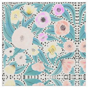 Pink Yellow Floral Polka Dots Waterverf Patroon Stof
