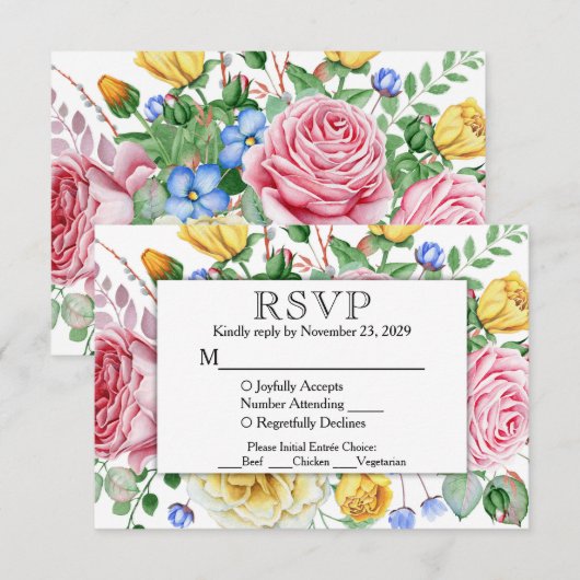 Pink Yellow Floral RSVP Wedding Response w/Meals (Voorkant / Achterkant)