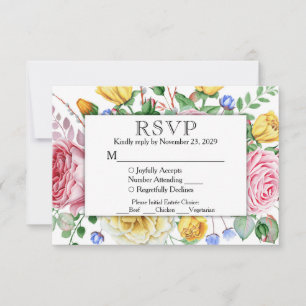 Pink Yellow Floral RSVP Wedding Response w/Meals Kaartje