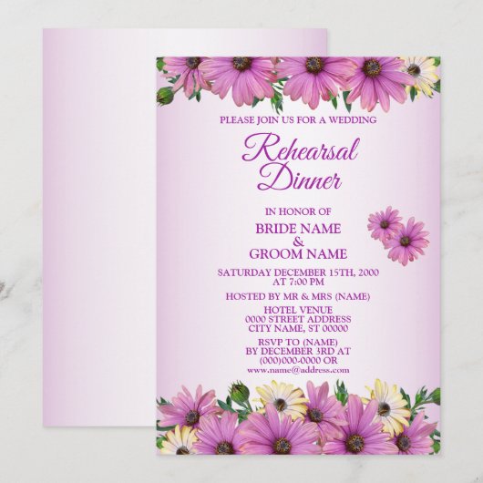 Pink Yellow Floral Rustic Wedding Rehearsal Dinner Kaart (Voorkant / Achterkant)