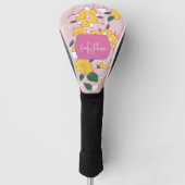 Pink Yellow Floral Whimsical Pattern Custom Name Golfheadcover (Voorkant)