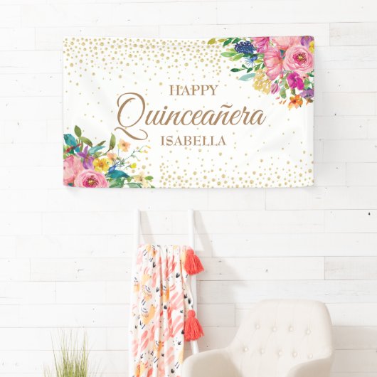 Pink Yellow Flowers Gold Glitter Happy Quinceañera Spandoek (Insitu)