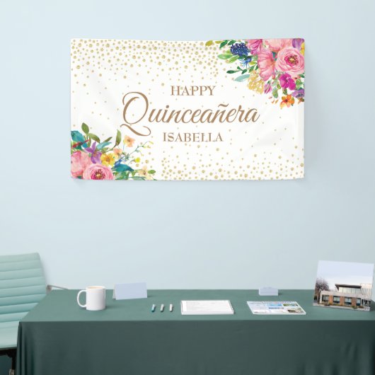 Pink Yellow Flowers Gold Glitter Happy Quinceañera Spandoek (Beurs)