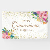 Pink Yellow Flowers Gold Glitter Happy Quinceañera Spandoek (Horizontaal)
