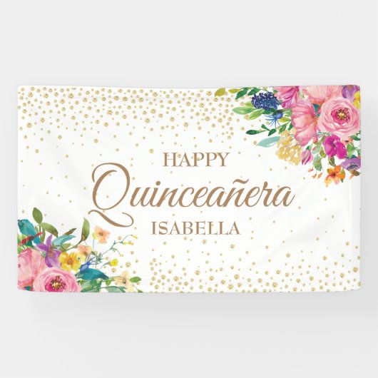 Pink Yellow Flowers Gold Glitter Happy Quinceañera Spandoek (Horizontaal)
