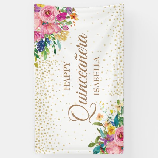 Pink Yellow Flowers Gold Glitter Happy Quinceañera Spandoek (Verticaal)
