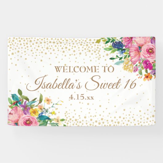 Pink Yellow Flowers Gold Glitter Sweet 16 Spandoek (Horizontaal)