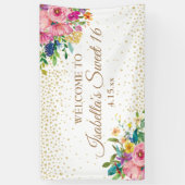 Pink Yellow Flowers Gold Glitter Sweet 16 Spandoek (Verticaal)