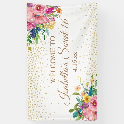 Pink Yellow Flowers Gold Glitter Sweet 16 Spandoek (Verticaal)