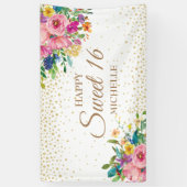 Pink Yellow Flowers Gold Glitter Sweet 16 Spandoek (Verticaal)