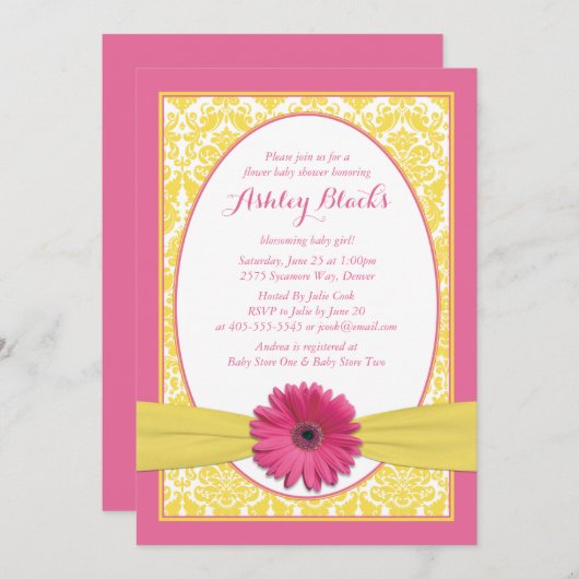 Pink Yellow Gerbera Daisy Baby shower Uitnodiging (Voorkant / Achterkant)