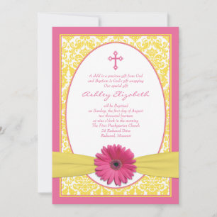 Pink Yellow Gerbera Daisy Baptism Invitation Kaart