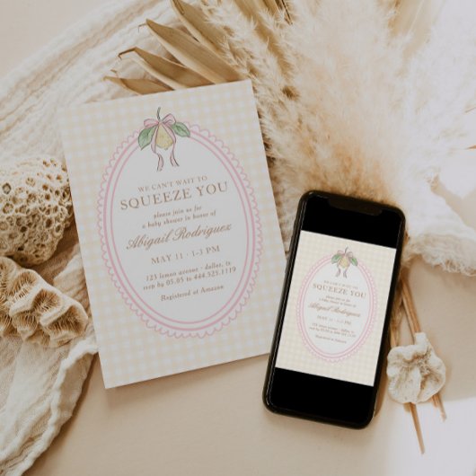 Pink & Yellow Lemon Bow Baby Shower Kaart