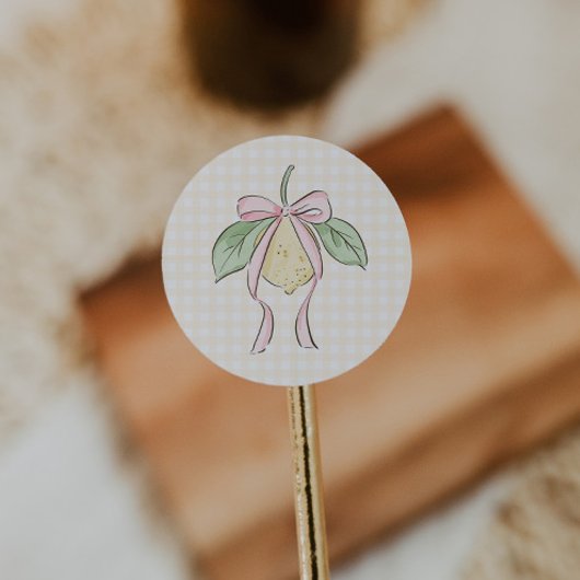 Pink & Yellow Lemon Bow Baby Shower Ronde Sticker