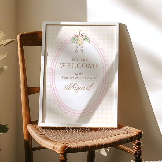 Pink & Yellow Lemon Bow Baby Shower Welcome Sign Poster