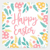 Pink Yellow Pastel Easter Eggs Foliage Vierkante Sticker (Voorkant)