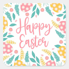 Pink Yellow Pastel Easter Eggs Foliage Vierkante Sticker