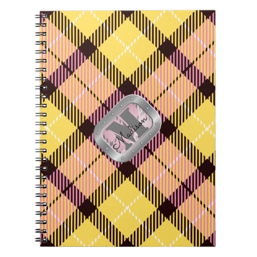 Pink Yellow Pset Tartan Metallic Steel Monogram Notitieboek (Voorkant)