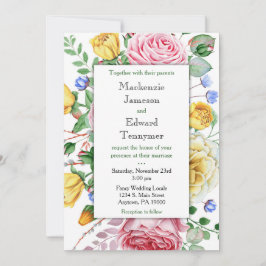 Pink Yellow Roses Floral Wedding Invitation Kaart