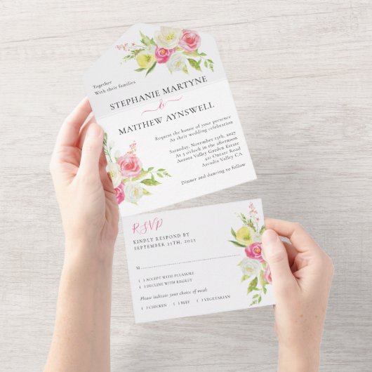 Pink Yellow Spring Floral Wedding All In One Uitnodiging (Afscheurbaar)