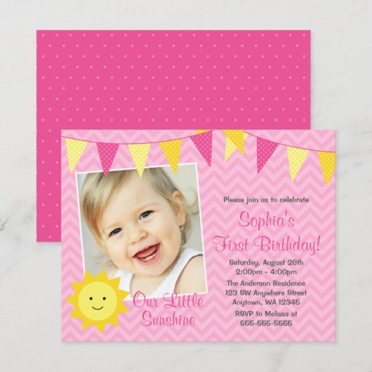 Pink Yellow Sunshine Foto Birthday Kaart (Voorkant / Achterkant)