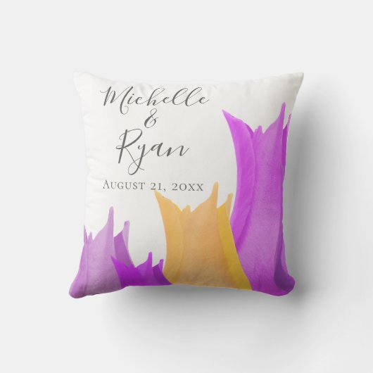 Pink Yellow Tulp Floral Wedding Keepslag Kussen (Achterkant)