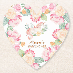 Pink Yellow Unicorn Floral Baby shower Heart Kartonnen Onderzetters