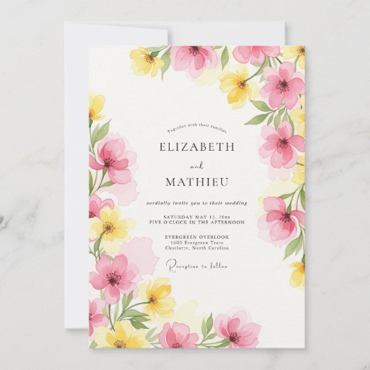 Pink Yellow Watercolor Spring Wedding Kaart (Voorkant)