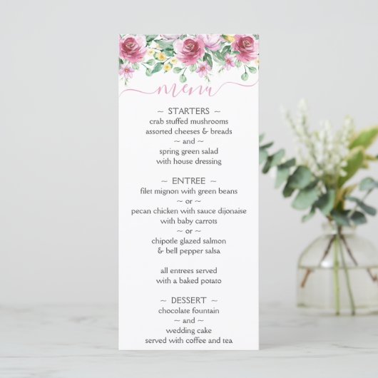 Pink Yellow Waterverf Floral Wedding Menu (Staand voorkant)