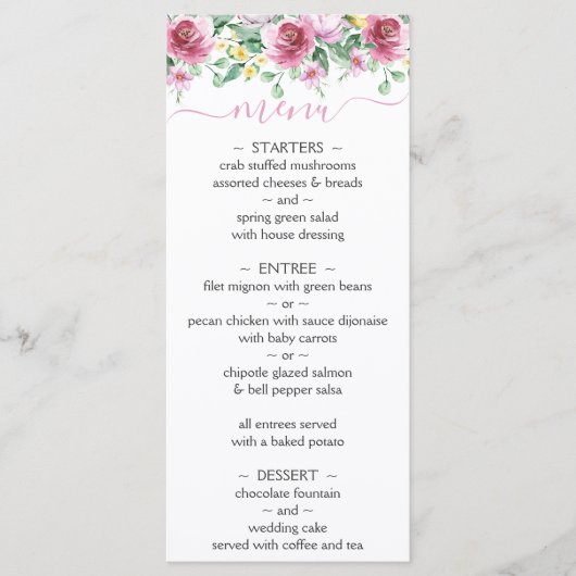 Pink Yellow Waterverf Floral Wedding Menu (Voorkant)