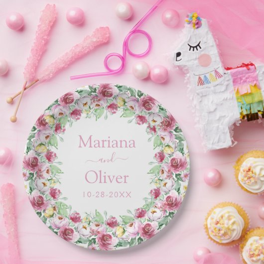 Pink Yellow Waterverf Floral Wedding Papieren Bordje (Feest)