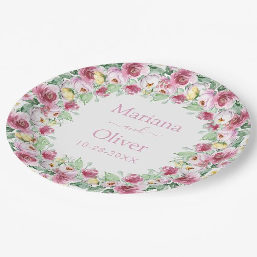 Pink Yellow Waterverf Floral Wedding Papieren Bordje (Gekanteld)