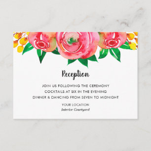 Pink Yellow Waterverf Floral Wedding Reception Informatiekaartje