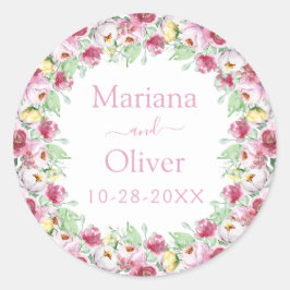Pink Yellow Waterverf Floral Wedding Ronde Sticker