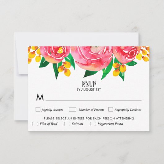 Pink Yellow Waterverf Floral Wedding RSVP Kaarten (Voorkant)