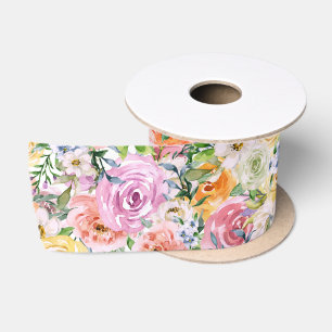 Pink Yellow White Oranje Roos Flowers Patroon Satijnen Lint