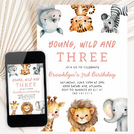 Pink Young Wild and Three Safari Birthday Party Kaart