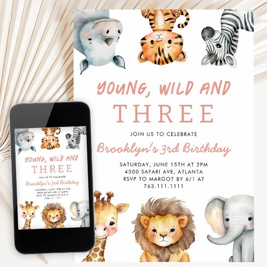 Pink Young Wild and Three Safari Birthday Party Kaart