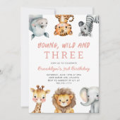 Pink Young Wild and Three Safari Birthday Party Kaart (Voorkant)