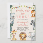 Pink Young Wild and Three Safari Birthday Party Kaart (Voorkant)