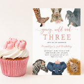 Pink Young Wild en Three Safari Birthday Party Kaart