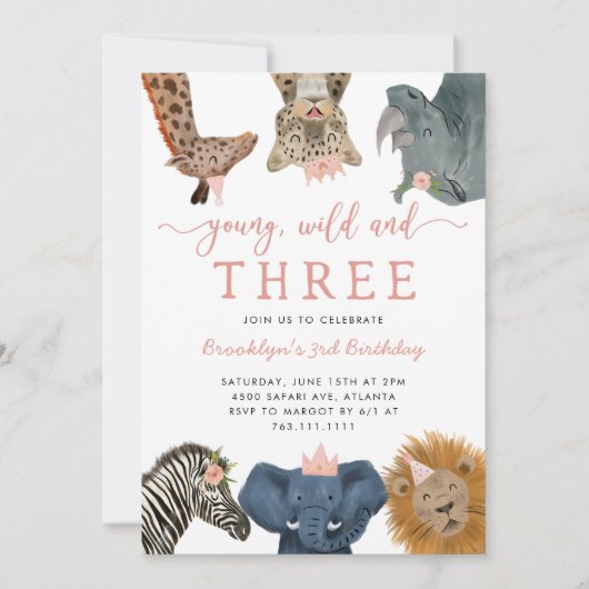 Pink Young Wild en Three Safari Birthday Party Kaart (Voorkant)