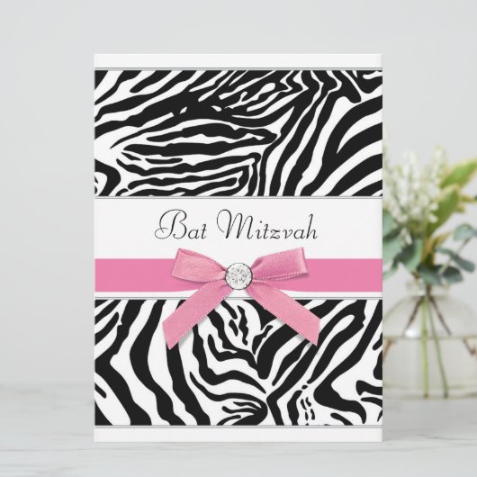 Pink Zebra Bat Mitzvah Kaart (Staand voorkant)