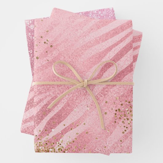 Pink Zebra Gold Glitzy Glitter Inpakpapier Vel (In situ)